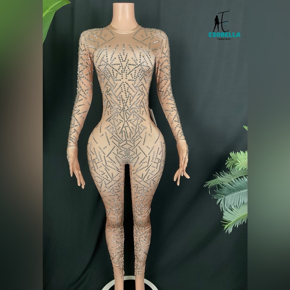 Rhinestone Embellished Long Sleeve Bodycon Jumpsuit with Attached Hand Gloves